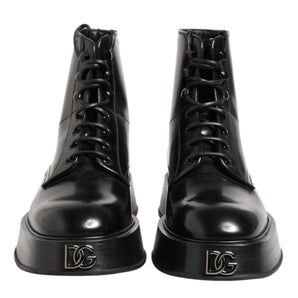 Dolce & Gabbana Black Leather Logo Ankle Boots Lace Up Shoes