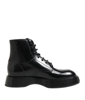 Dolce & Gabbana Black Leather Logo Ankle Boots Lace Up Shoes