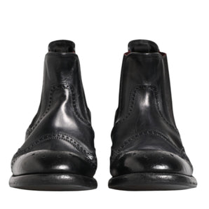 Dolce & Gabbana Black Leather Ankle Boots Slip On Shoes