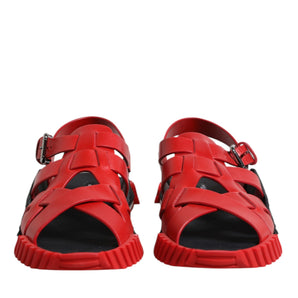 Dolce &amp; Gabbana Red Black Leather Ankle Strap Sandals Shoes