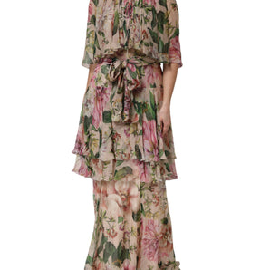 Dolce & Gabbana Pink Floral Print Tiered Long Maxi Dress