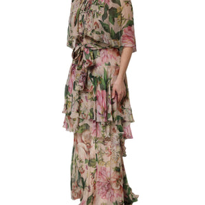 Dolce & Gabbana Pink Floral Print Tiered Long Maxi Dress