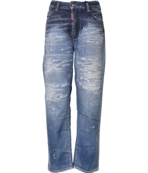 Dsquared² Blue Tattered Cotton Mid Waist Straight Denim Jeans