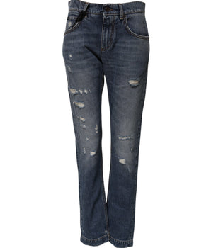 Dolce & Gabbana Blue Cotton Tattered Boyfriend Denim Jeans