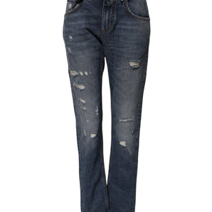 Dolce & Gabbana Blue Cotton Tattered Boyfriend Denim Jeans