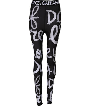 Dolce & Gabbana Black Polyester Logo Print Mid Waisted Pants