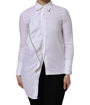 AGLINI White Cotton Collared Long Sleeves Ruffle Top Shirt