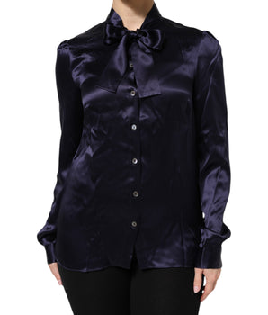 Dolce & Gabbana Dark Purple Silk Ascot Collared Blouse Top