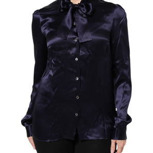 Dolce & Gabbana Dark Purple Silk Ascot Collared Blouse Top