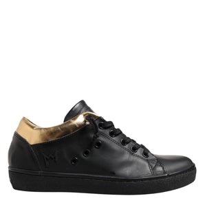 Leather Crown Black Gold Lace Up Low Top Women Sneakers Shoes