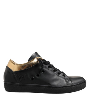 Leather Crown Black Gold Lace Up Low Top Women Sneakers Shoes