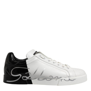 Dolce & Gabbana White Black Logo Low Top Leather Sneakers Shoes
