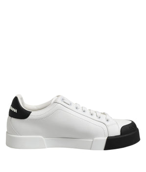 Dolce & Gabbana White Black Logo Leather Lace Up Sneakers Shoes