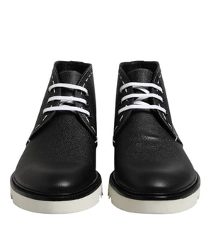 Dolce & Gabbana Black White Leather Ankle Boots Shoes