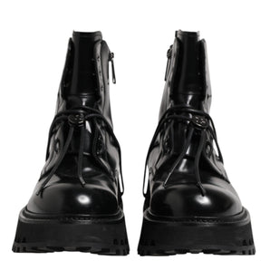 Dolce & Gabbana Black Leather Logo Ankle Boots Lace Up Shoes