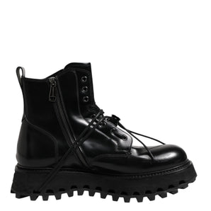 Dolce & Gabbana Black Leather Logo Ankle Boots Lace Up Shoes