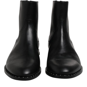 Dolce & Gabbana Black Leather Logo Ankle Boots Studded Shoes