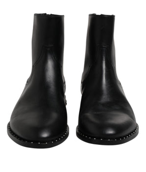 Dolce & Gabbana Black Leather Logo Ankle Boots Studded Shoes