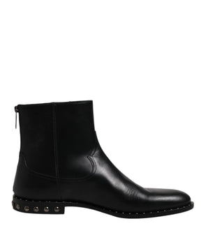 Dolce & Gabbana Black Leather Logo Ankle Boots Studded Shoes
