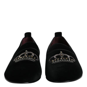 Dolce & Gabbana Black Velvet Crystal Crown Loafers Dress Shoes