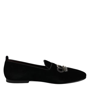 Dolce & Gabbana Black Velvet Crystal Crown Loafers Dress Shoes