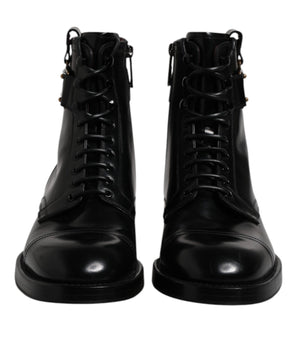 Dolce &amp; Gabbana Black Leather Mid Calf Boots Lace Up Shoes