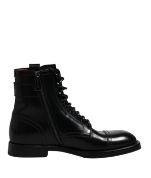 Dolce &amp; Gabbana Black Leather Mid Calf Boots Lace Up Shoes