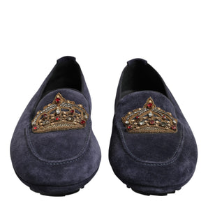 Dolce & Gabbana Blue Suede Crown Crystal Loafers Dress Shoes