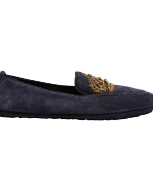 Dolce & Gabbana Blue Suede Crown Crystal Loafers Dress Shoes