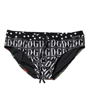 Dolce &amp; Gabbana Black Floral Logo Beachwear Men Brief Swimwear