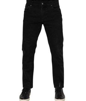 Dolce & Gabbana Black Cotton Logo Plaque Slim Fit Denim Jeans
