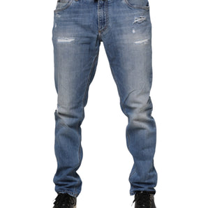 Dolce & Gabbana Blue Washed Tattered Logo Plaque Denim Jeans