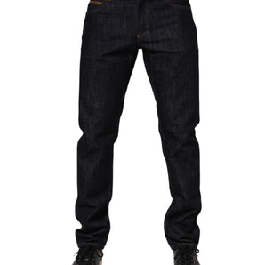 Dolce & Gabbana Dark Blue Cotton Logo Plaque Men Denim Jeans