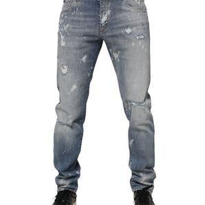 Dolce & Gabbana Blue Cotton Tattered Slim Fit Men Denim Jeans