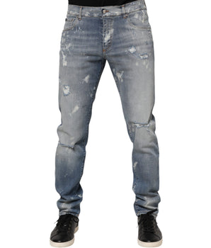 Dolce & Gabbana Blue Cotton Tattered Slim Fit Men Denim Jeans