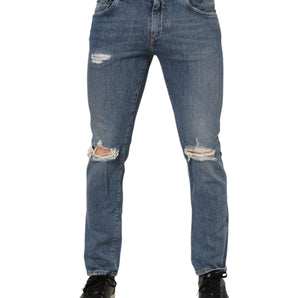Dolce & Gabbana Blue Cotton Tattered Skinny Logo Denim Jeans