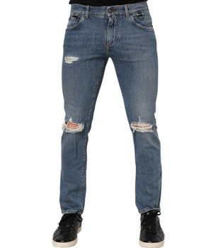Dolce & Gabbana Blue Cotton Tattered Skinny Logo Denim Jeans