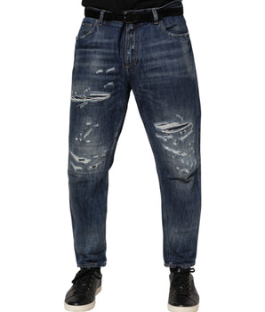 Dolce & Gabbana Blue Cotton Tattered Tapered Men Denim Jeans