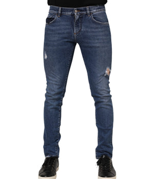 Dolce & Gabbana Blue Cotton Logo Plaque Skinny Men Denim Jeans