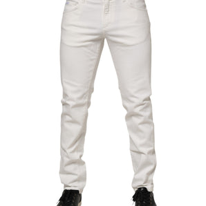 Dolce & Gabbana White Cotton Logo Plaque Slim Fit Denim Jeans