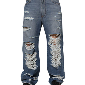 Dolce & Gabbana Blue Tattered Cotton Logo Plaque Denim Jeans