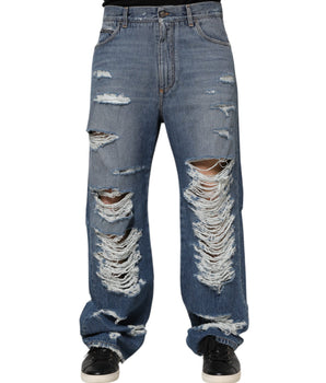 Dolce & Gabbana Blue Tattered Cotton Logo Plaque Denim Jeans