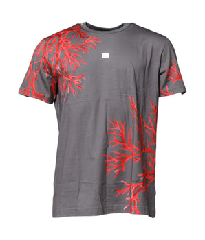 Dolce & Gabbana Gray Cotton Coral Print Logo Plaque T-shirt