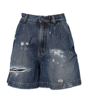 Dolce & Gabbana Blue Cotton Tattered Denim Bermuda Shorts