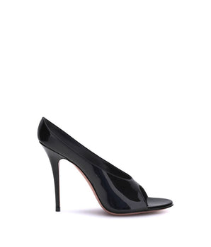 Amina Muaddi Black Calf Leather Bos Taurus Stiletto Heel Sandals