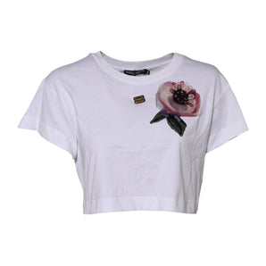 Dolce & Gabbana White Floral Lace DG Detailing Cropped T-shirt