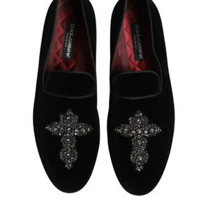 Dolce & Gabbana Black Velvet Crystal Crown Formal Dress Shoes