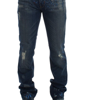 Costume National Chic Blue Wash Painted Slim Fit Jeans Costume National 