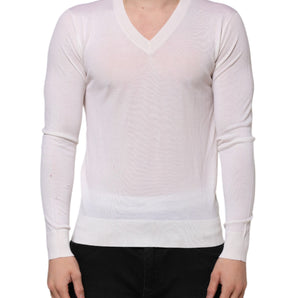Dolce & Gabbana White Cashmere Logo V-neck Pullover Sweater