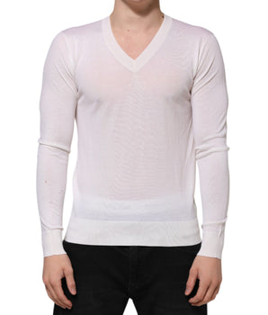 Dolce & Gabbana White Cashmere Logo V-neck Pullover Sweater